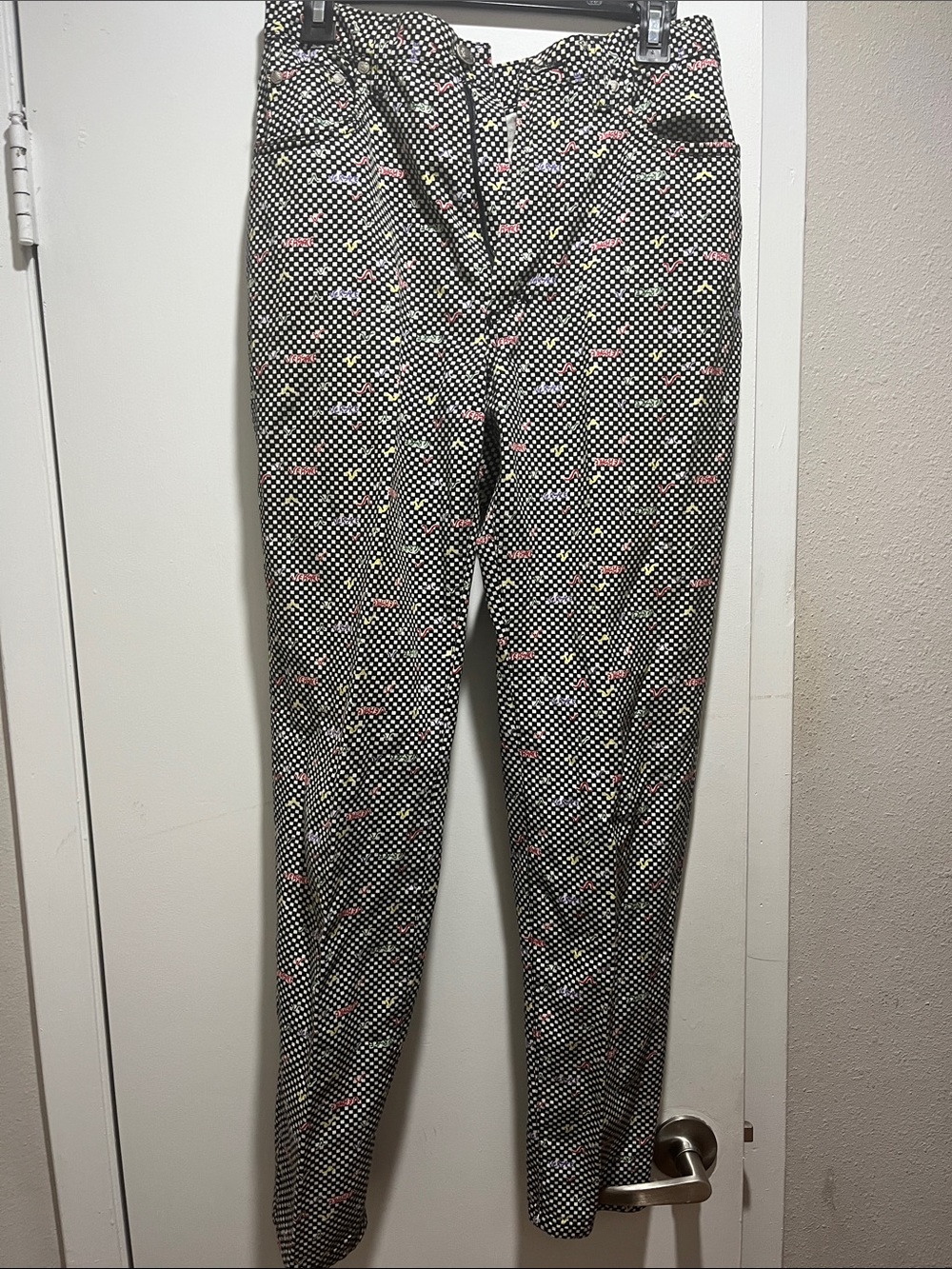 Straight Leg Women's Jeans in Black Polka Dot with Pink & Yellow Accents